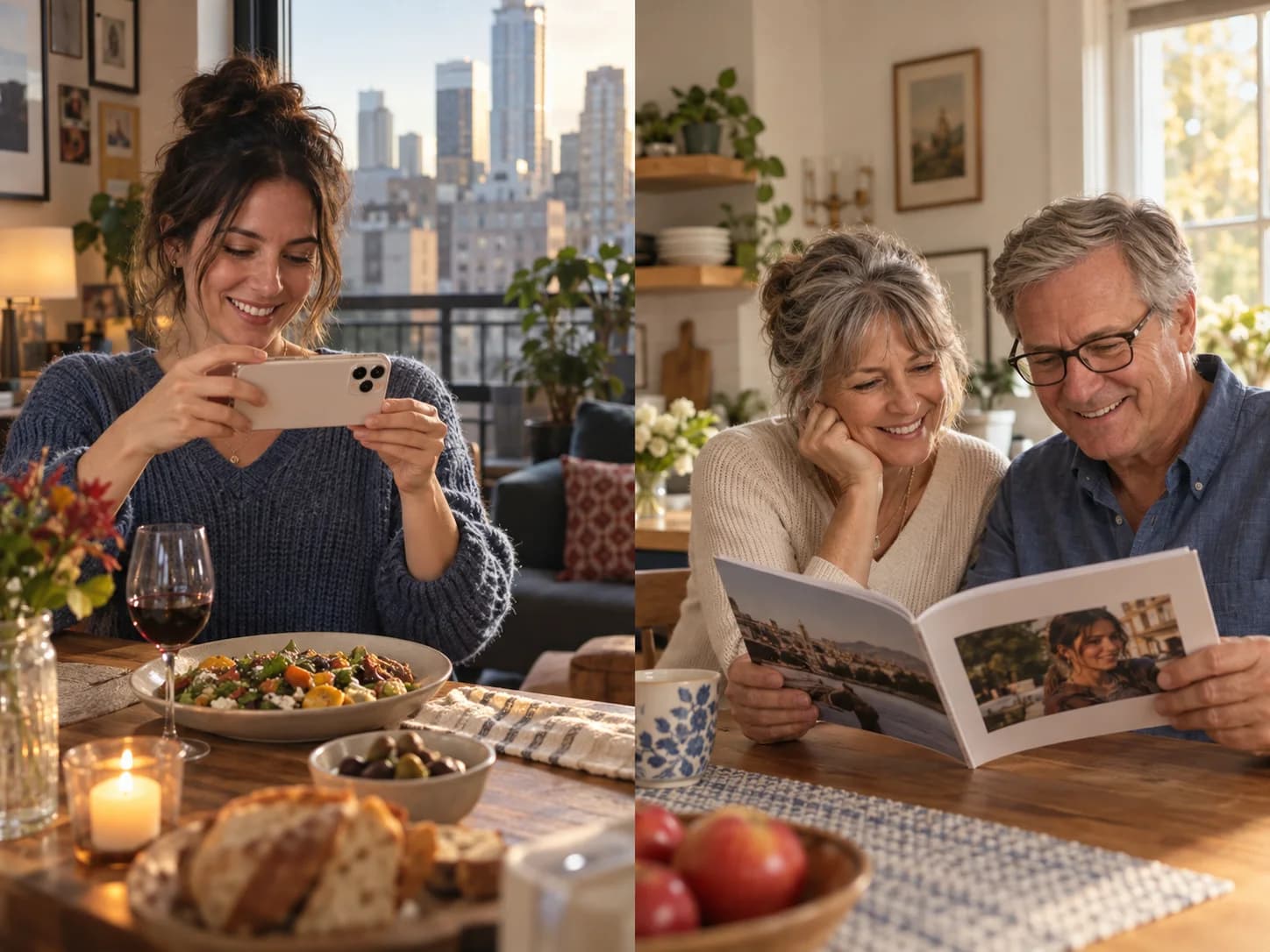 A woman photographing dinner in her city apartment while her parents read her printed family magazine at home