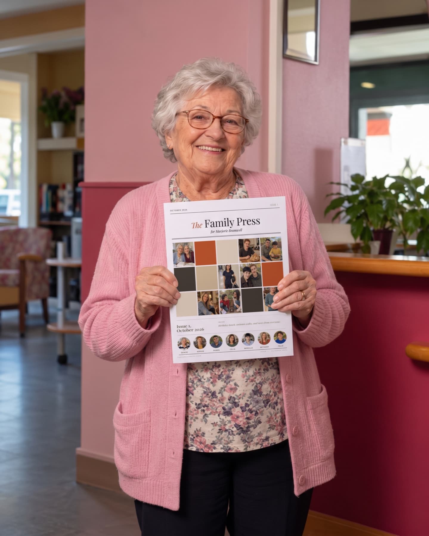 A smiling grandmother holding a printed Family Press newspaper