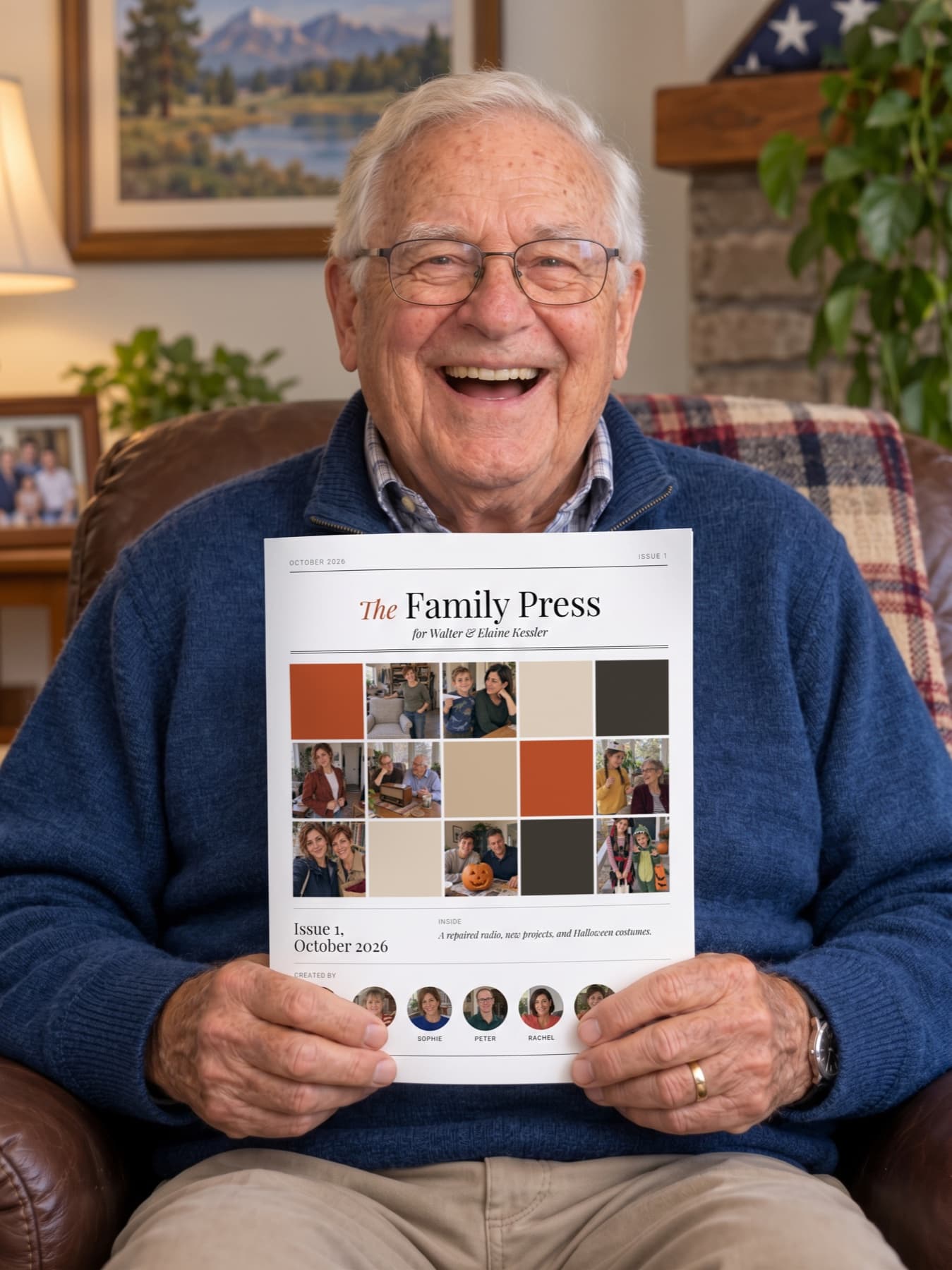 A smiling grandfather holding a printed Family Press newspaper