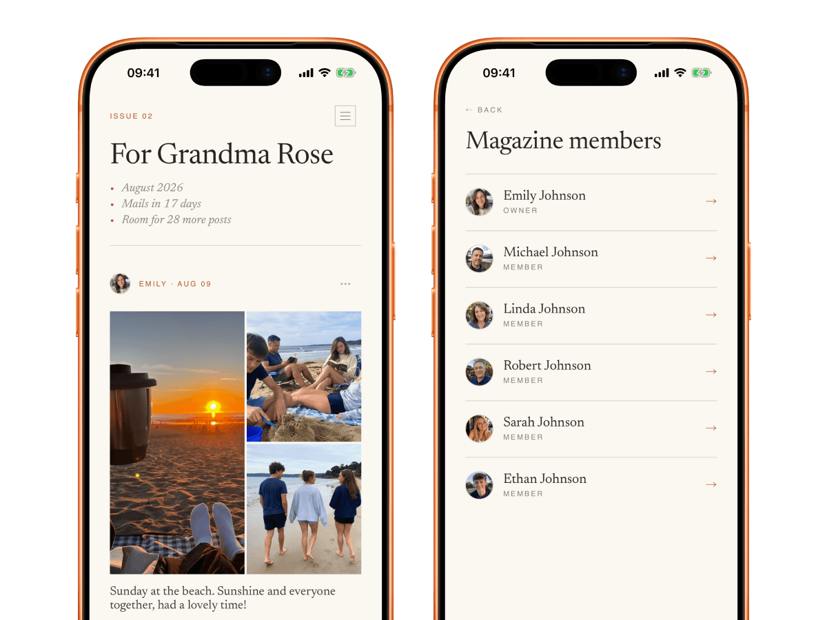 The Family Press app showing a family magazine and its invited family members