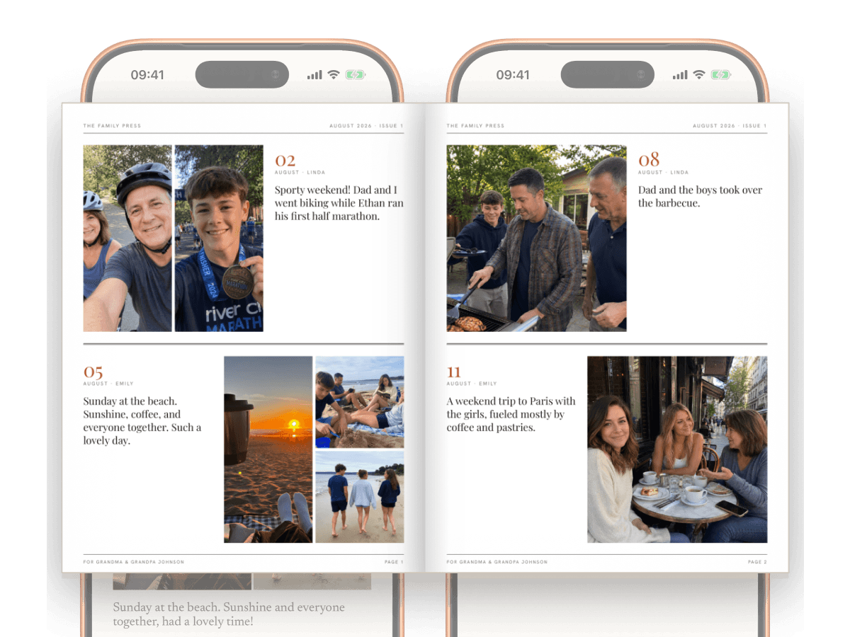 A printed Family Press magazine spread created from family photos and updates
