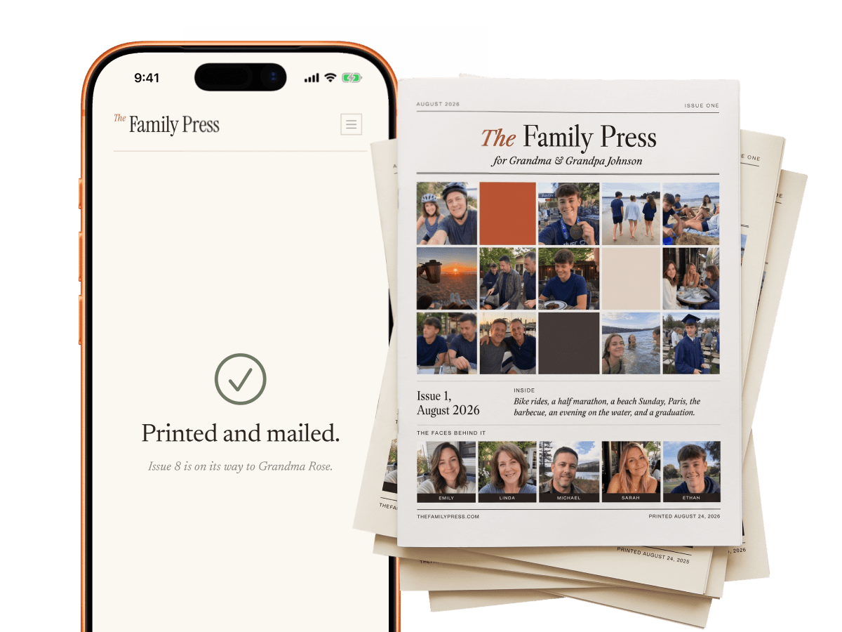 The Family Press app confirming delivery beside a stack of printed family magazines