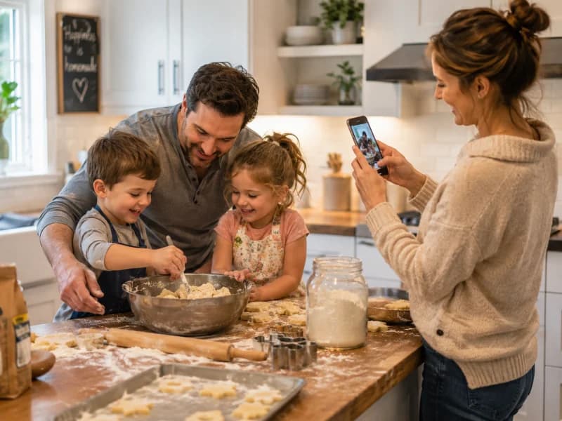 A family baking together while a parent takes a photo
