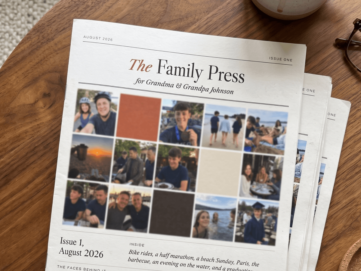 A stack of printed Family Press magazines kept on a coffee table