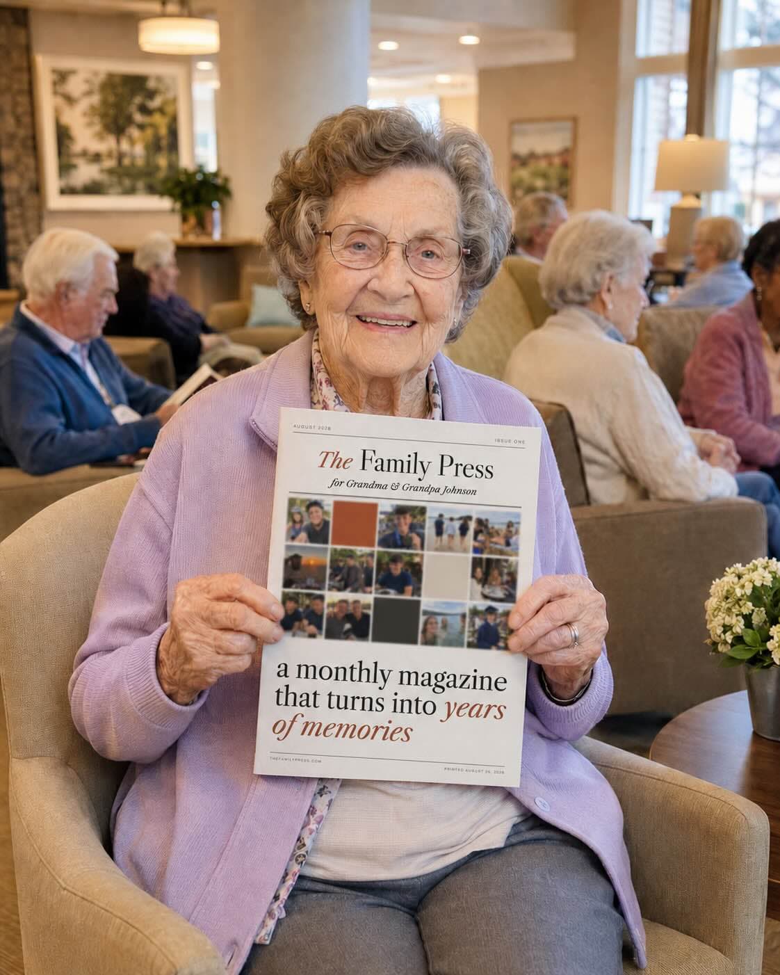Grandma holding her printed Family Press newspaper