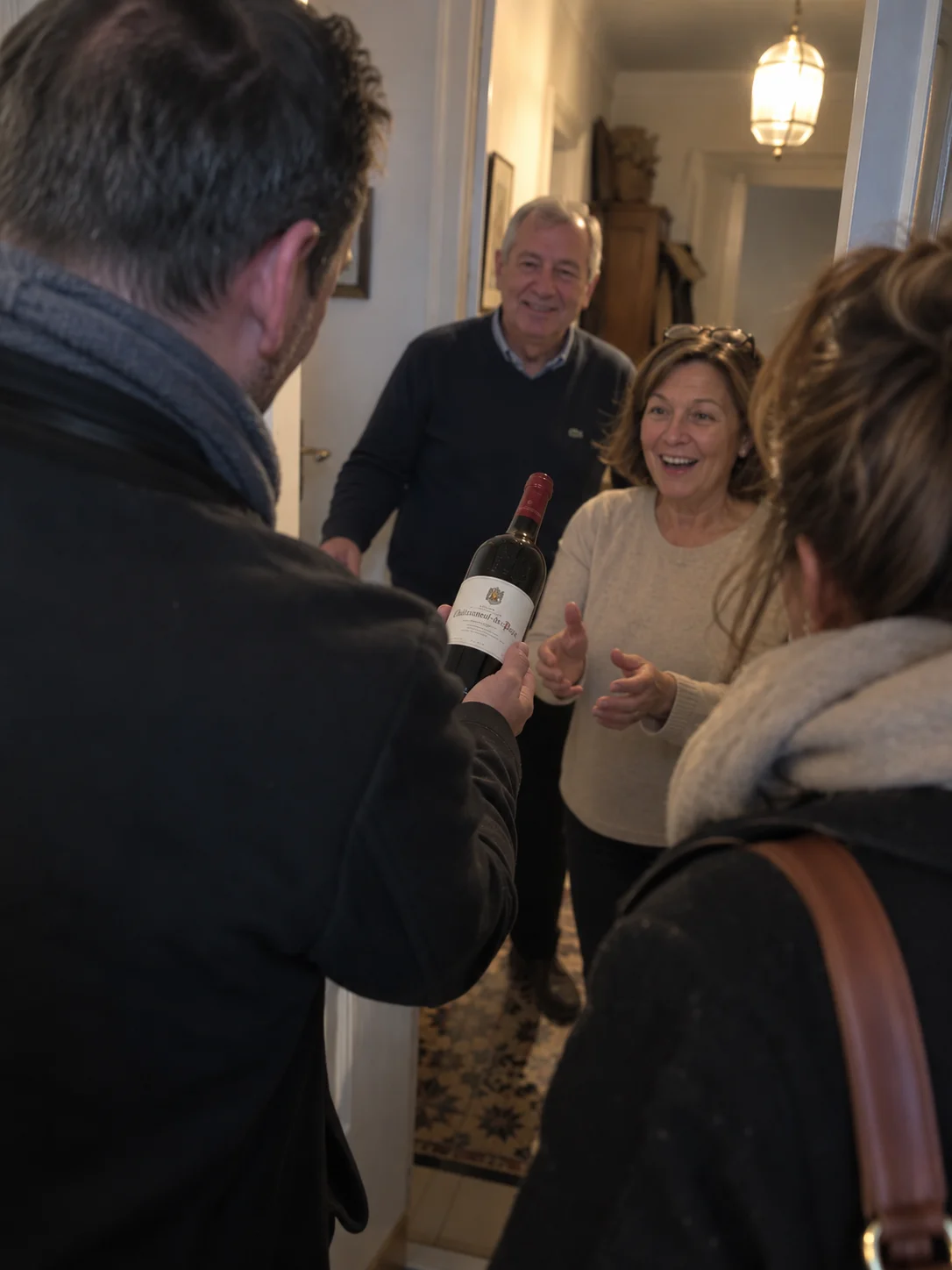 Adult children giving their parents a bottle of wine at the door