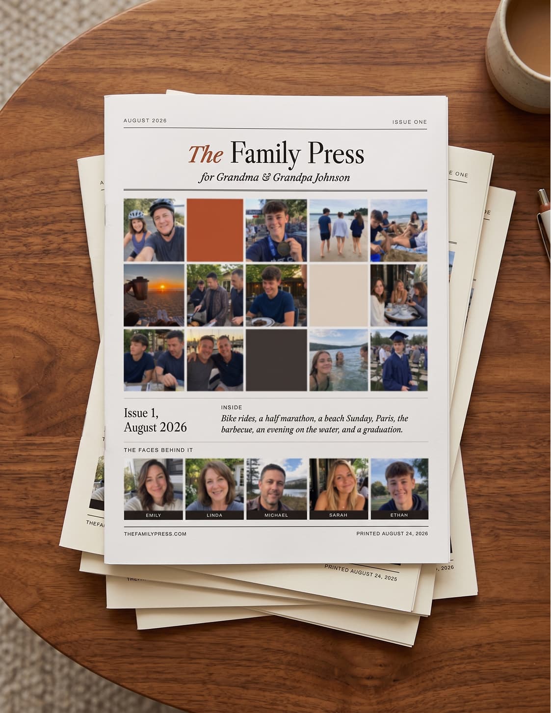 Printed Family Press newspapers on a wooden table